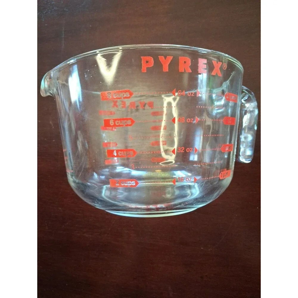 PYREX Glass Liquid Measuring 8 Cup 64 oz 2 Quart Liter Clear Red Letters-USA